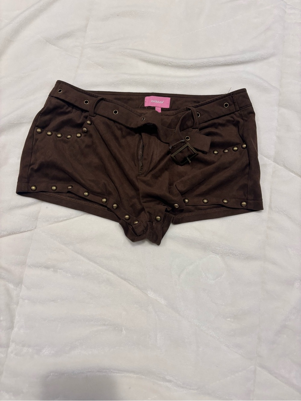 Edikted Brown High Waist Studded Short Shorts with Belt